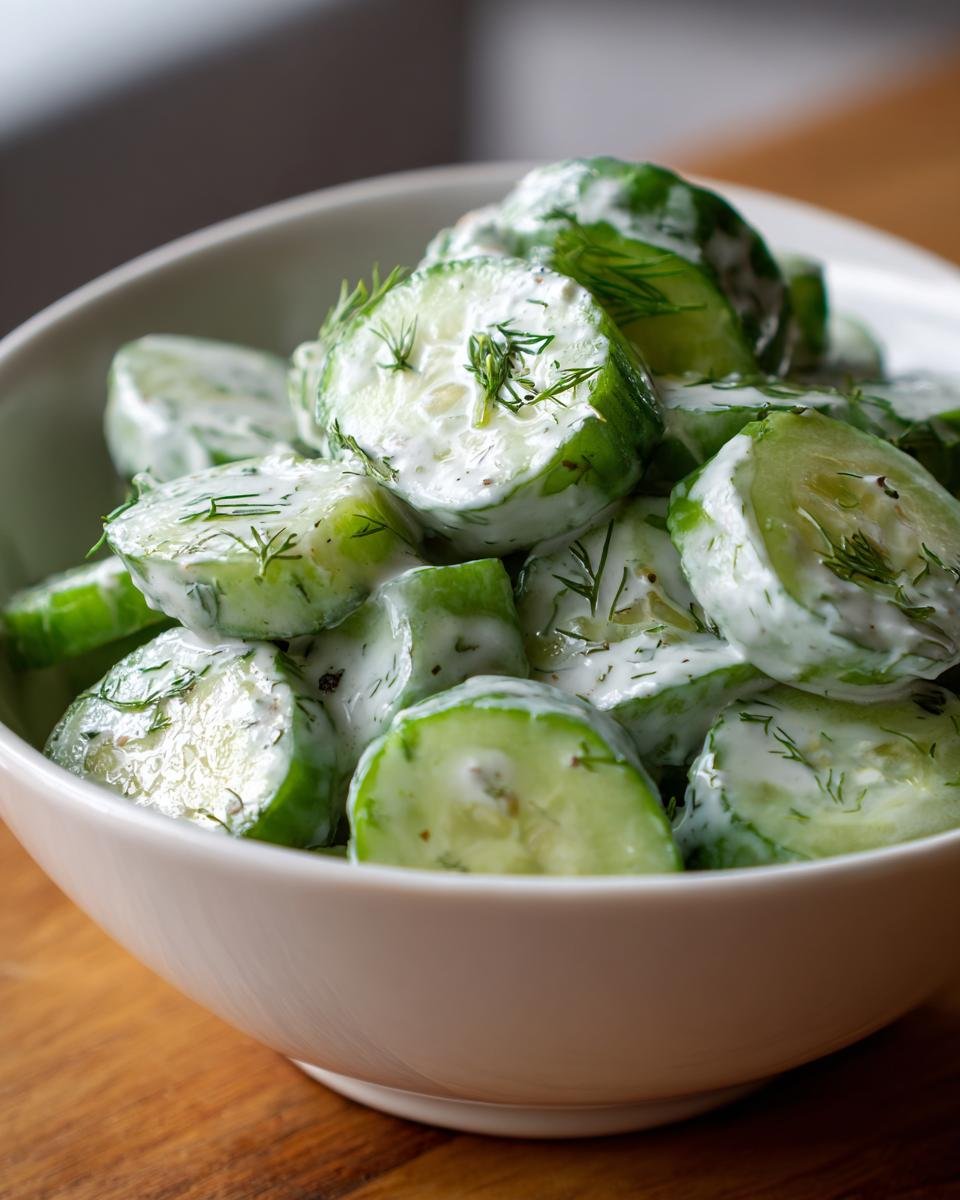 Close-up of a bowl filled with refreshing Tzatziki Cucumber Salad, featuring creamy dressing and fresh dill.