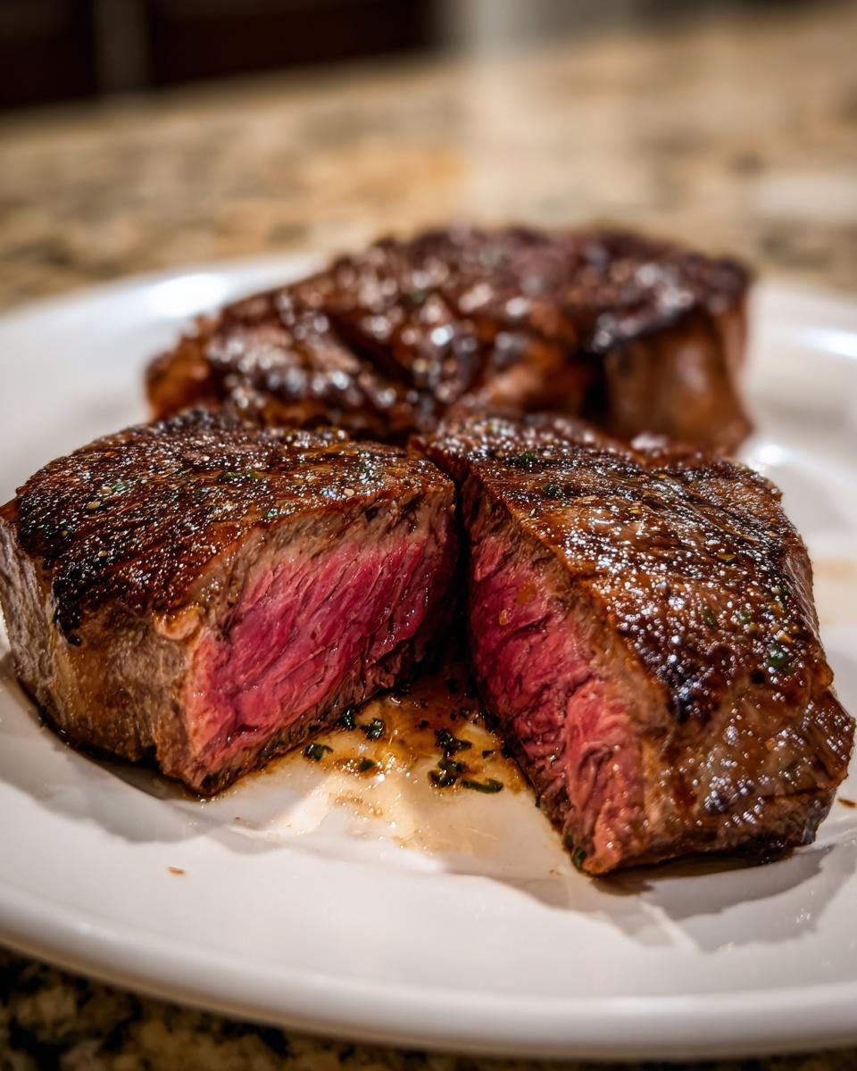 Close-up of a perfectly cooked Ribeye Steak Dinner, sliced to show a juicy, medium-rare center on a white plate.