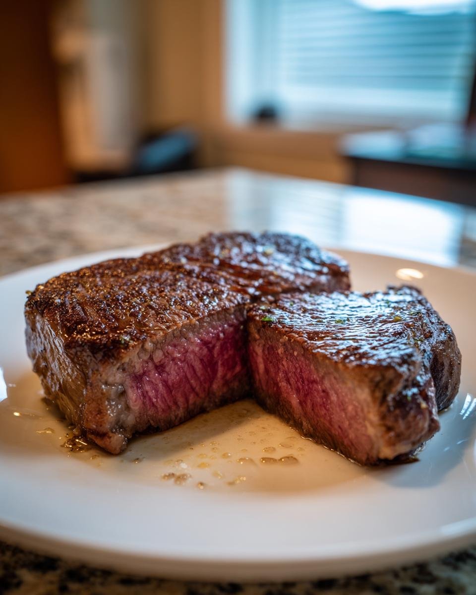 Close-up of a medium-rare Ribeye Steak Dinner, sliced open on a white plate showing juicy pink interior.