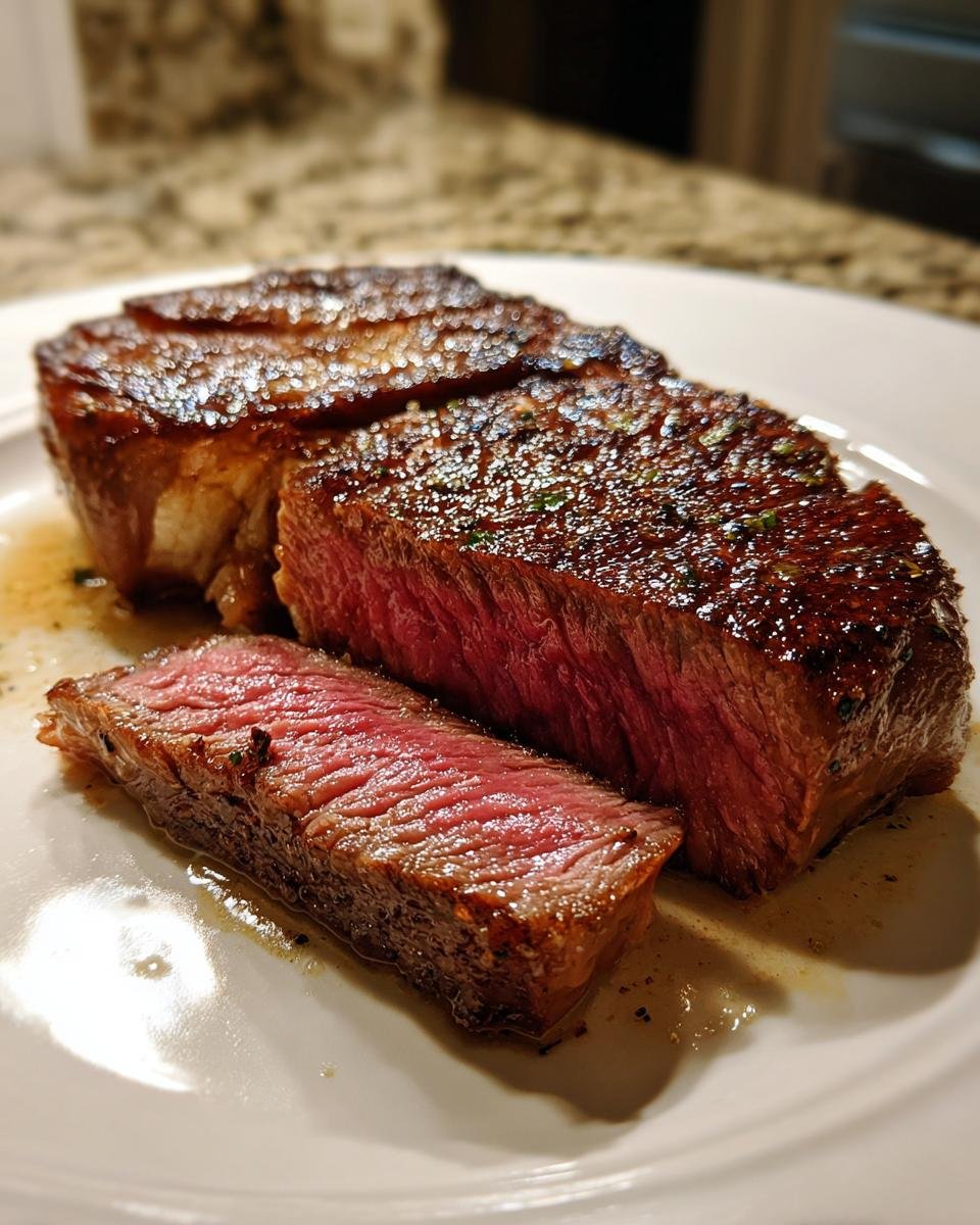 Close-up of a perfectly cooked Ribeye Steak Dinner, sliced to show a medium-rare interior and seared crust.