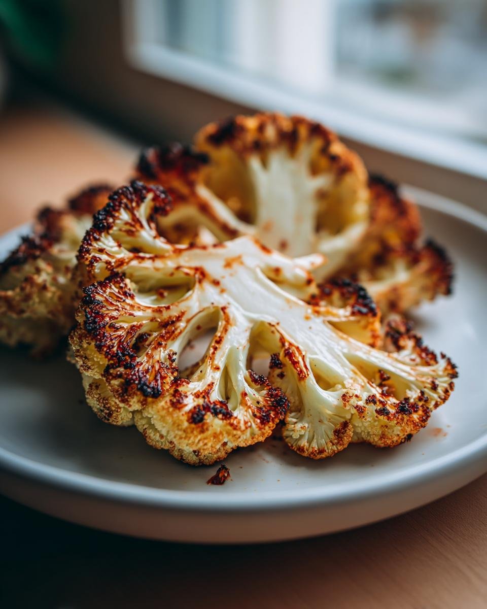Close-up of beautifully caramelized Roasted Cauliflower Steaks with dark, crispy edges served on a light gray plate.
