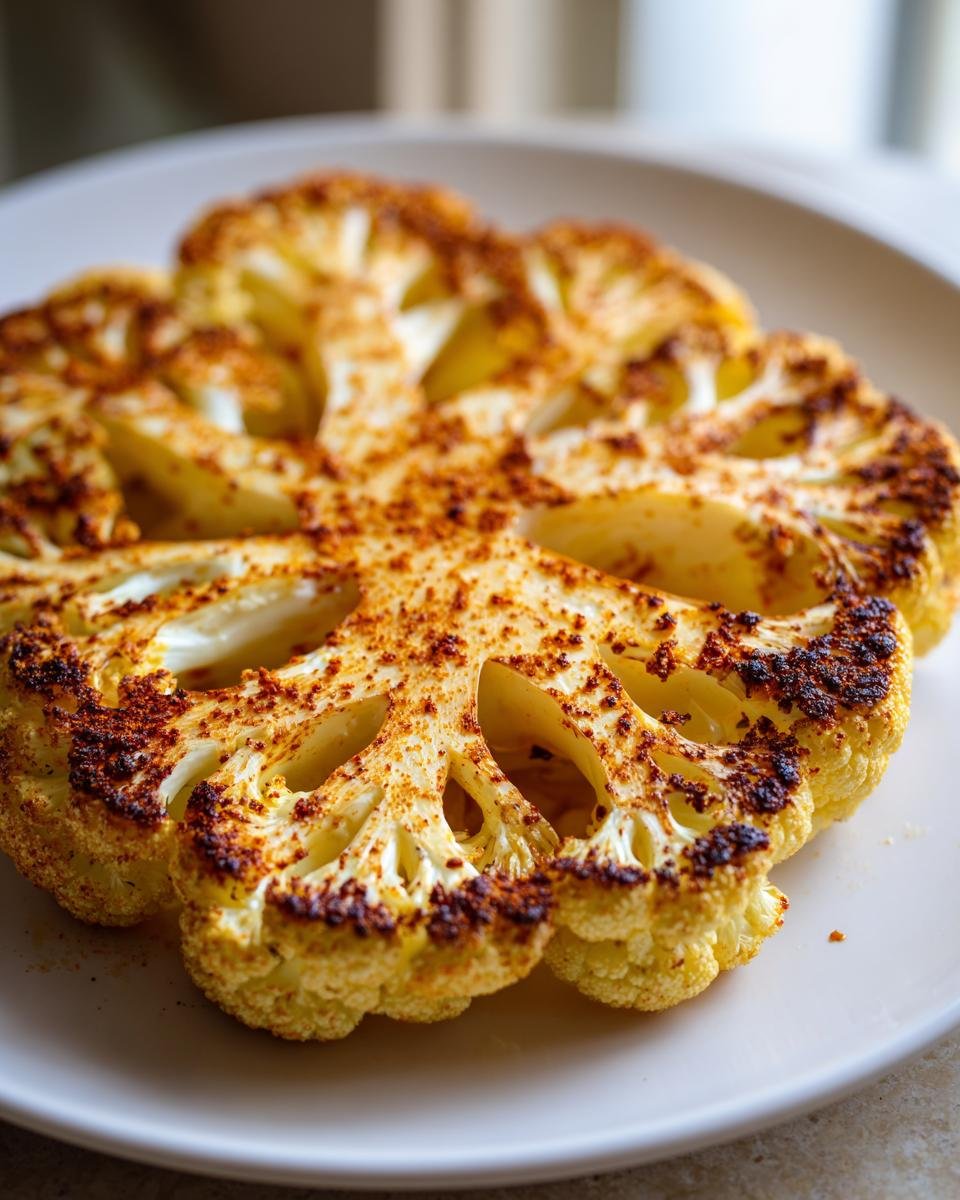 Close-up of a thick slice of Roasted Cauliflower Steaks, beautifully browned and seasoned.