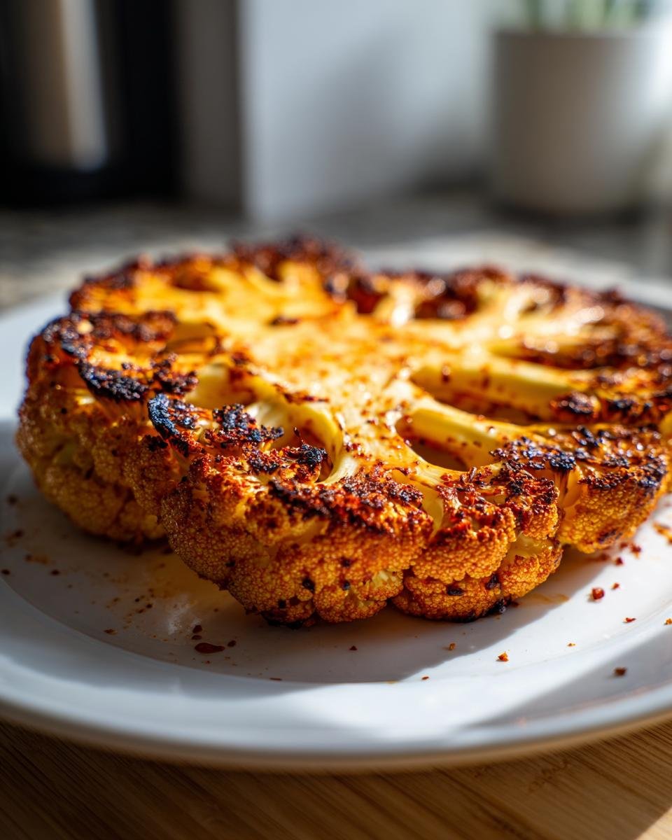 A close-up of a thick, golden-brown Roasted Cauliflower Steak with beautifully charred edges, served on a white plate.