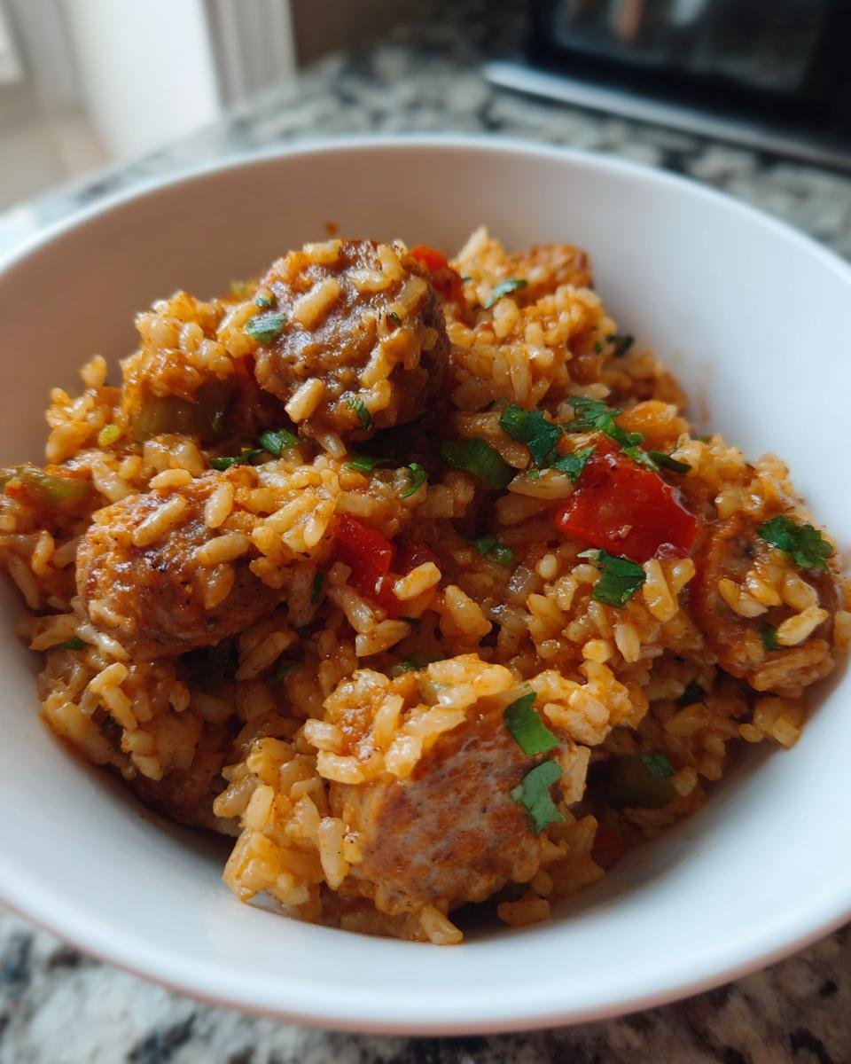 A close-up view of a white bowl filled with savory Jambalaya featuring rice, sausage chunks, and chopped green herbs.