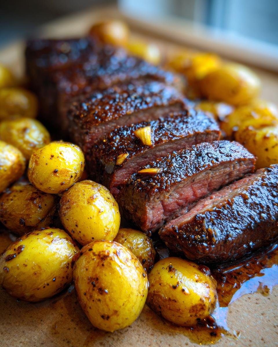 A close-up shot of sliced savory garlic steak and potatoes, glistening with sauce.