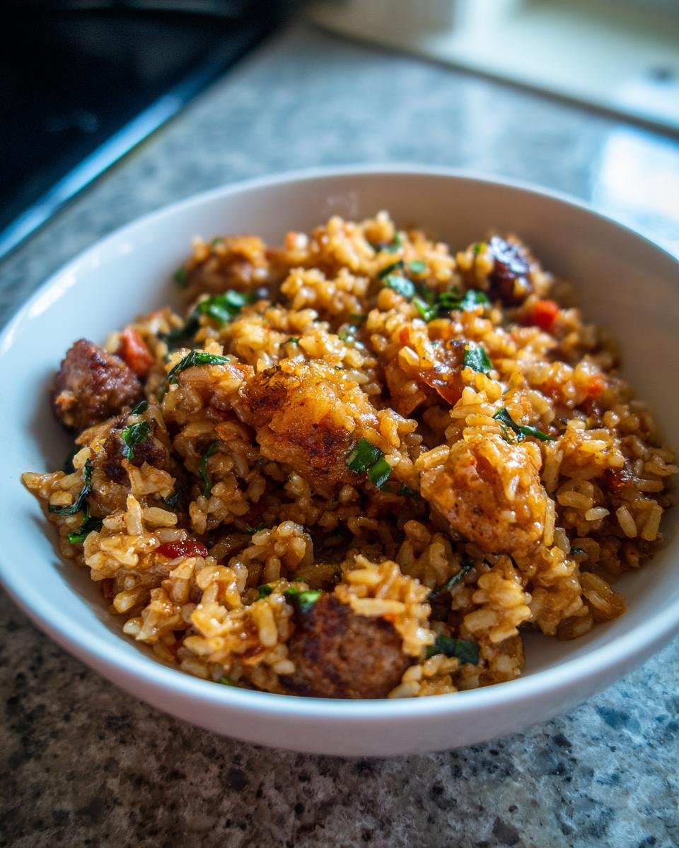 Close-up of a white bowl filled with savory, brown rice Jambalaya mixed with sausage pieces and green herbs.