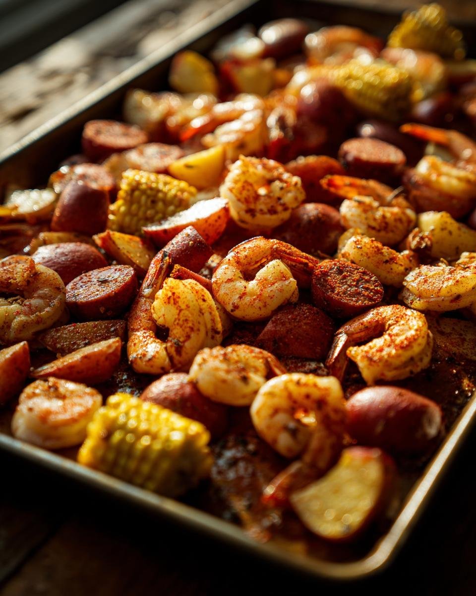 Close-up of seasoned shrimp, smoked sausage, corn on the cob, and red potatoes cooked on a sheet pan for a Sheet Pan Shrimp Boil.