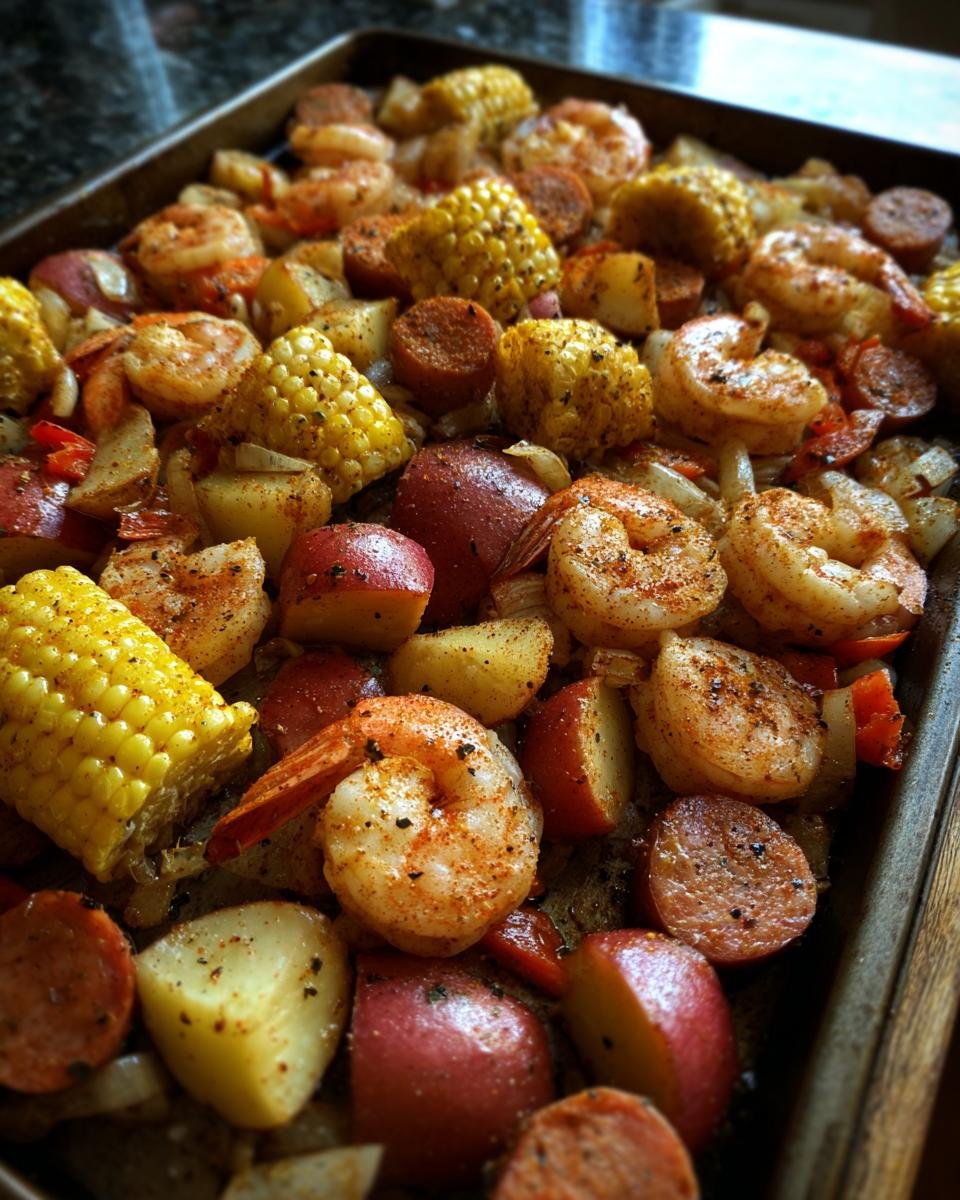 Close-up of seasoned shrimp, corn on the cob pieces, red potatoes, and sausage on a baking sheet for a Sheet Pan Shrimp Boil.