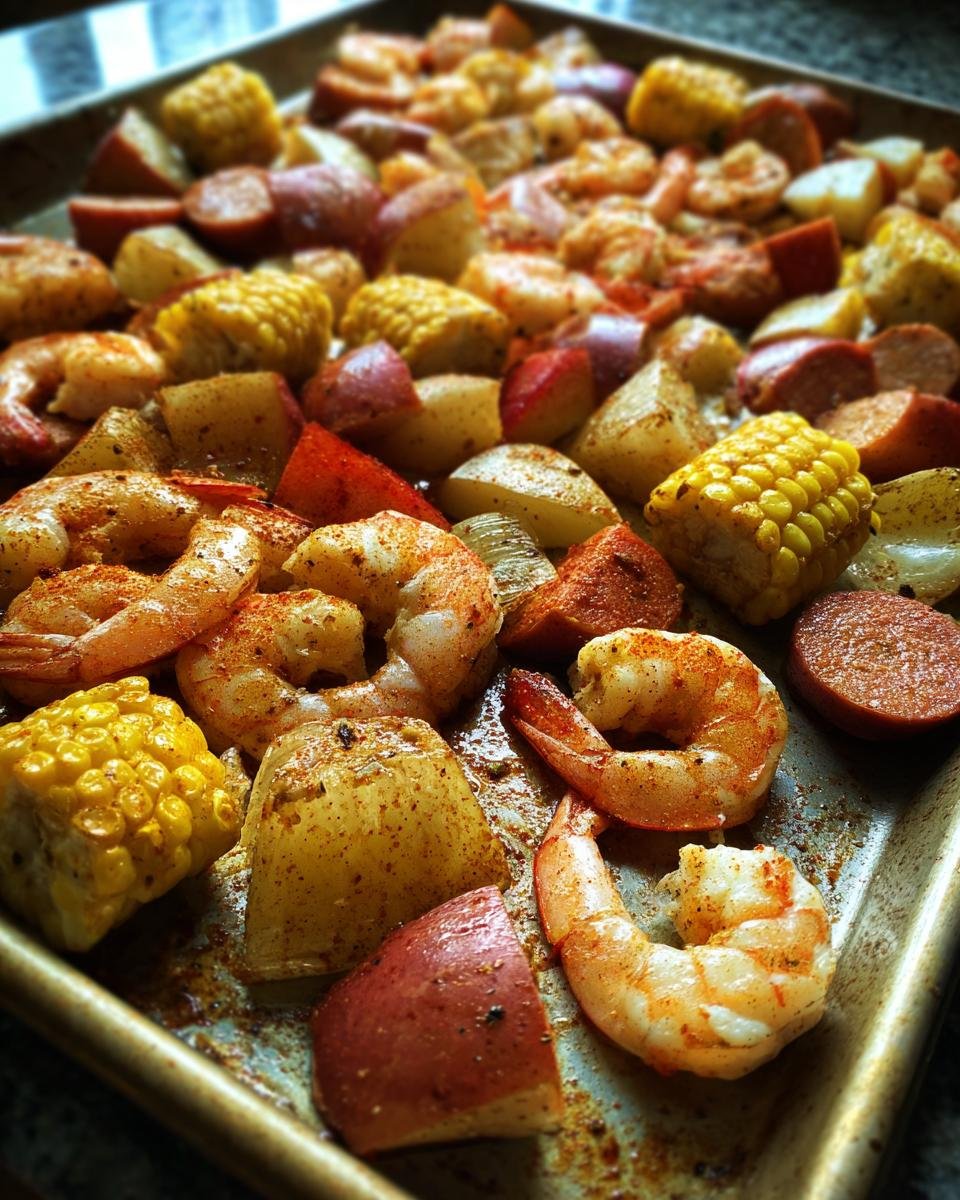Close-up of seasoned shrimp, red potatoes, corn on the cob, and sausage pieces ready for a Sheet Pan Shrimp Boil.