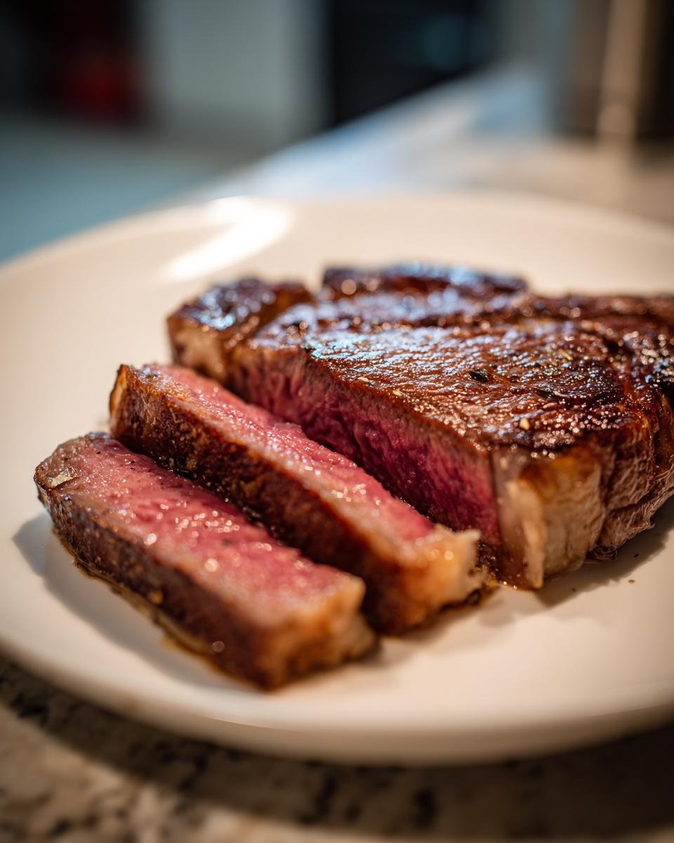 Close-up of a perfectly seared and sliced Ribeye Steak Dinner showing a medium-rare pink center.