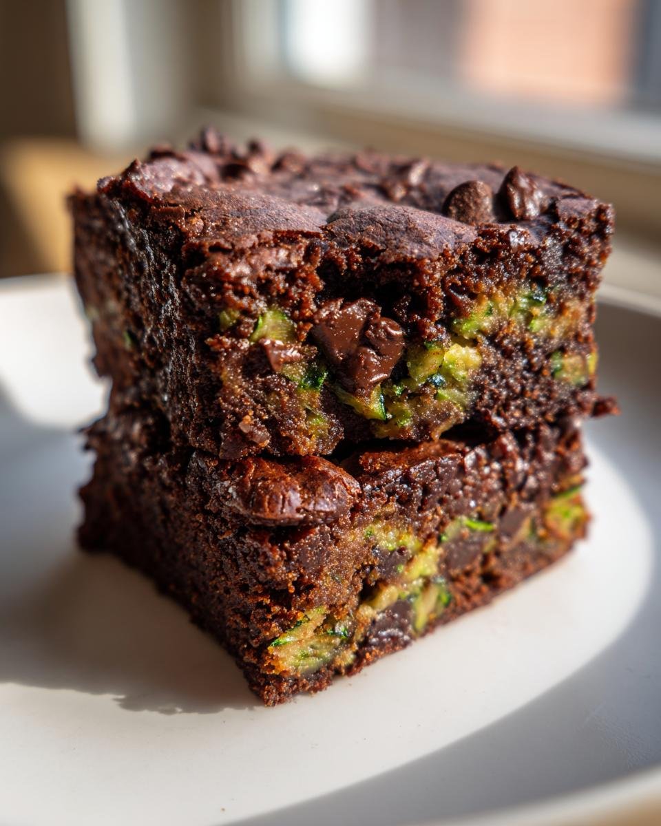 Two stacked, fudgy Zucchini Chocolate Brownies showing visible shreds of green zucchini and melted chocolate chips.