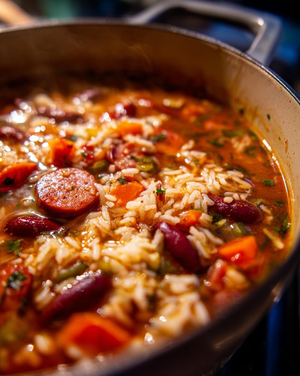 Close-up of steaming Chorizo Rice Bean Soup cooking in a pot, showing rice, red beans, and sausage slices.