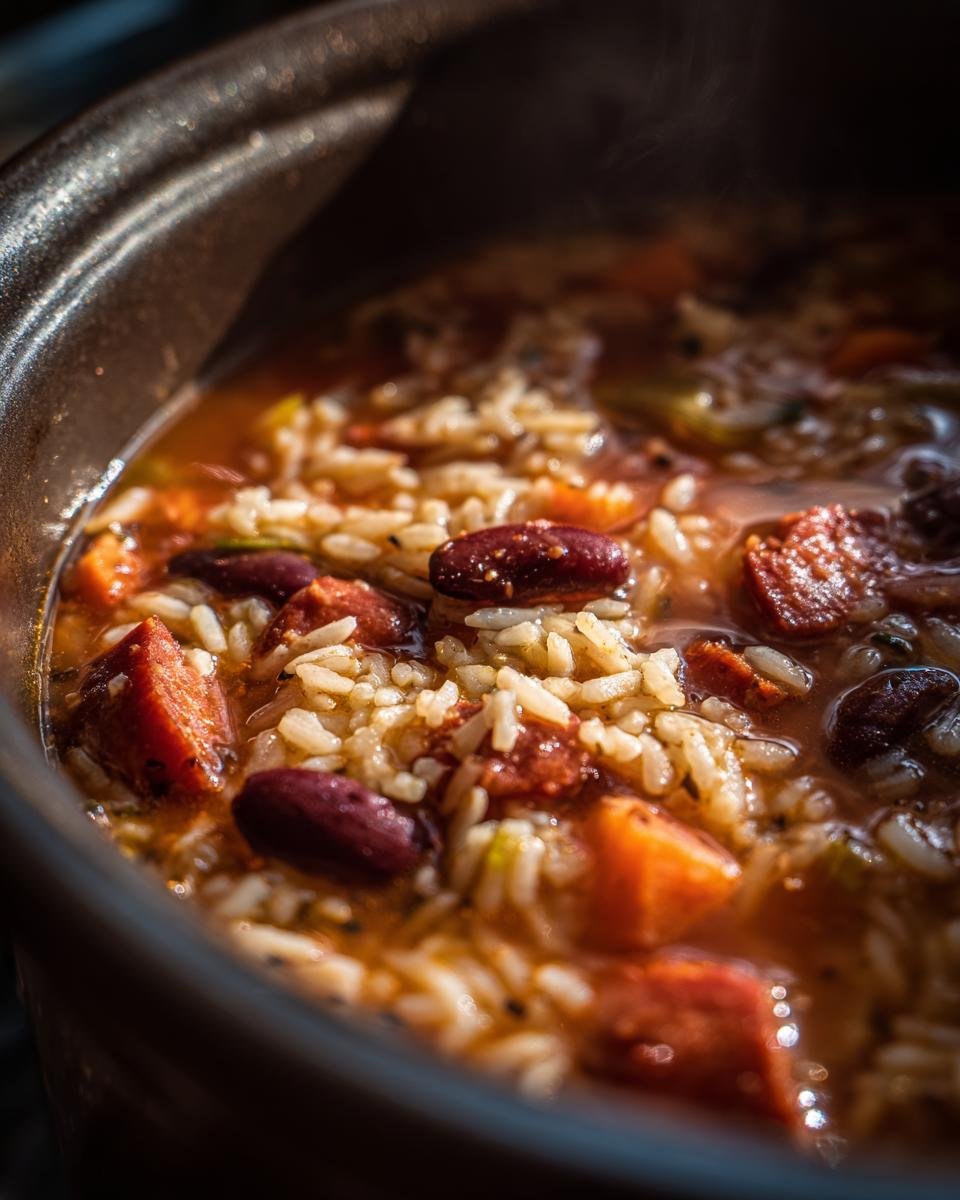 Close-up of steaming Chorizo Rice Bean Soup featuring rice, red kidney beans, and chunks of chorizo sausage.