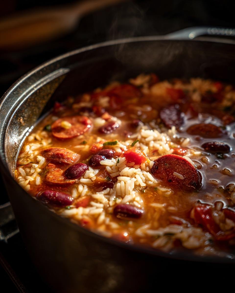 Close-up of hot, steaming Chorizo Rice Bean Soup with red kidney beans and sliced sausage in a dark pot.