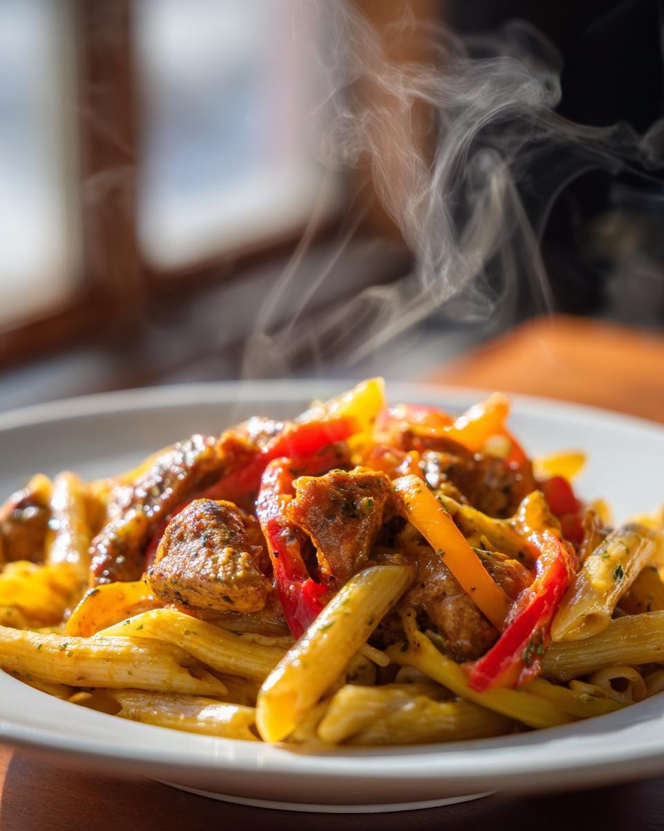 Close-up of steaming hot Jerk Chicken Rasta Pasta featuring penne, seasoned chicken pieces, and colorful bell peppers.