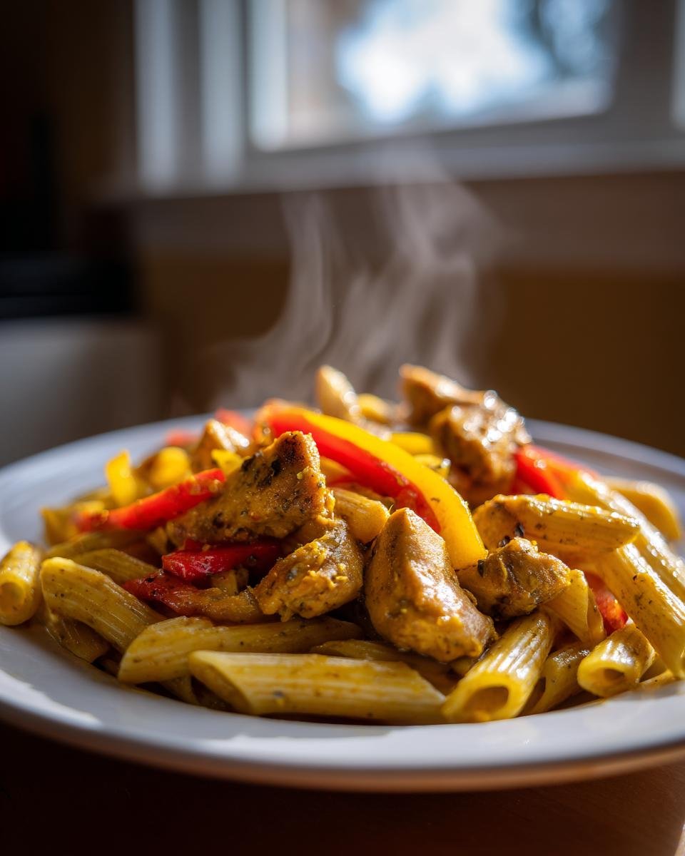 Close-up of hot Jerk Chicken Rasta Pasta featuring penne, seasoned chicken chunks, and colorful bell peppers.