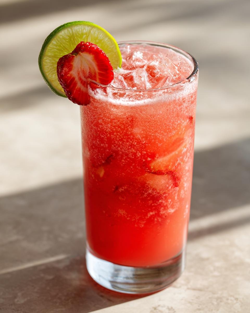 A tall glass filled with a bright red, icy Strawberry Beer Margaritas, garnished with a lime wheel and fresh strawberry slice.