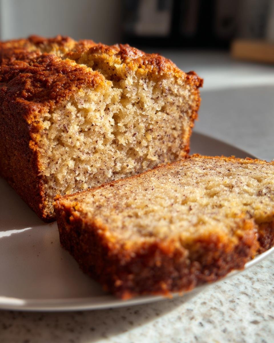 A close-up of a slice of moist and golden sugar free banana bread on a white plate.