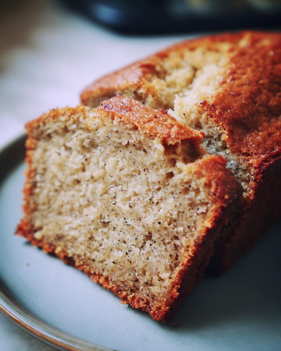 Close-up of a slice of moist Irresistible Sugar Free Banana Bread Recipe, showing its texture and banana flecks.