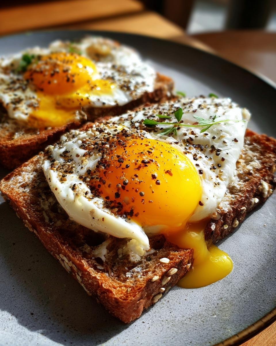 Two slices of whole wheat toast topped with sunny-side up eggs, cracked pepper, and herbs. A delicious breakfast toast idea.