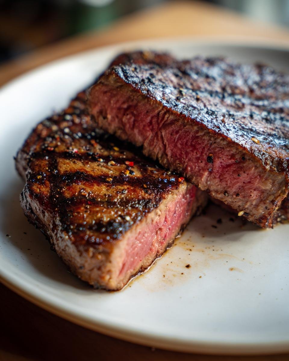 Close-up of a perfectly cooked thin steak, sliced to reveal a juicy pink center and seasoned with pepper.