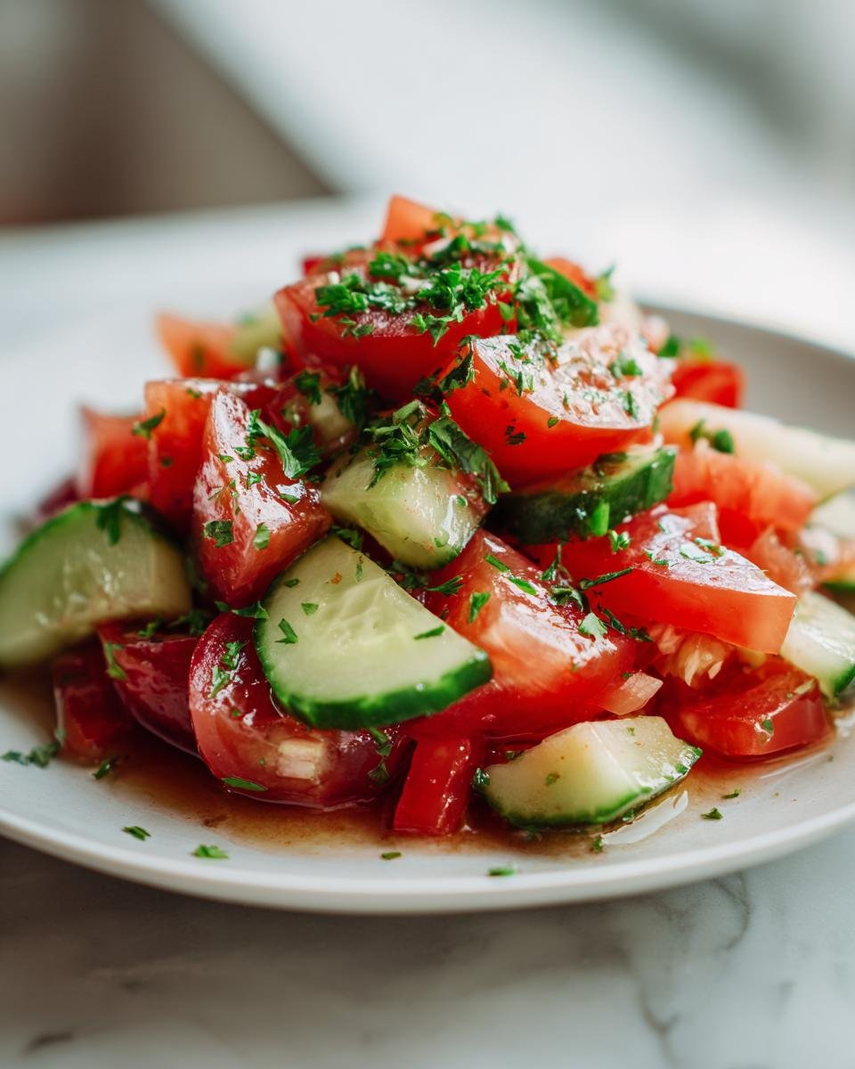 A close-up of a vibrant Tomato Cucumber Salad featuring chopped red tomatoes and sliced cucumbers dressed in a light vinaigrette and topped with fresh parsley.