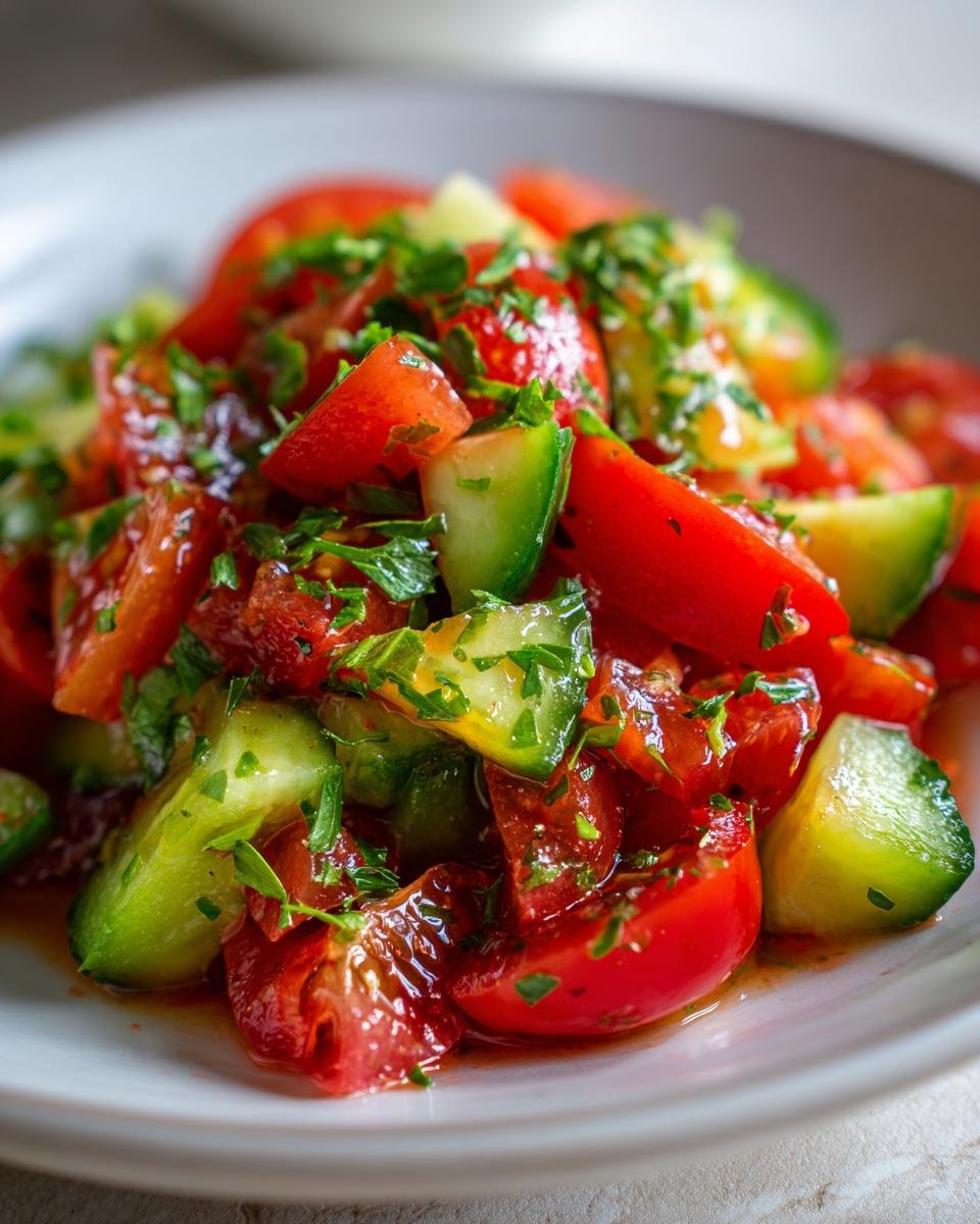 Close-up of vibrant Tomato Cucumber Salad featuring chopped red tomatoes, green cucumbers, and fresh parsley in a light dressing.