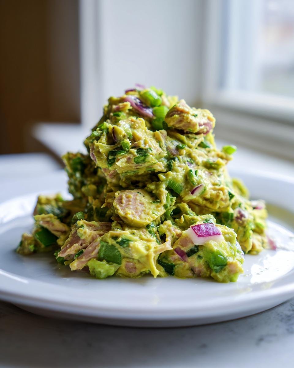A tall mound of creamy Tuna Salad Avocado mixed with red onion and green onions served on a white plate.
