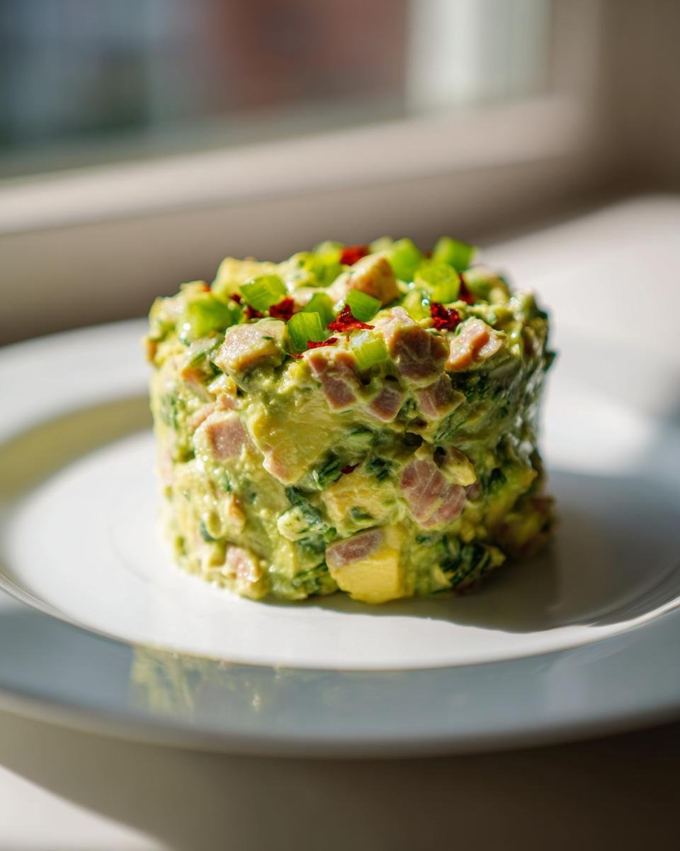 A molded stack of creamy Tuna Salad Avocado mixture, topped with green onions and red flakes.