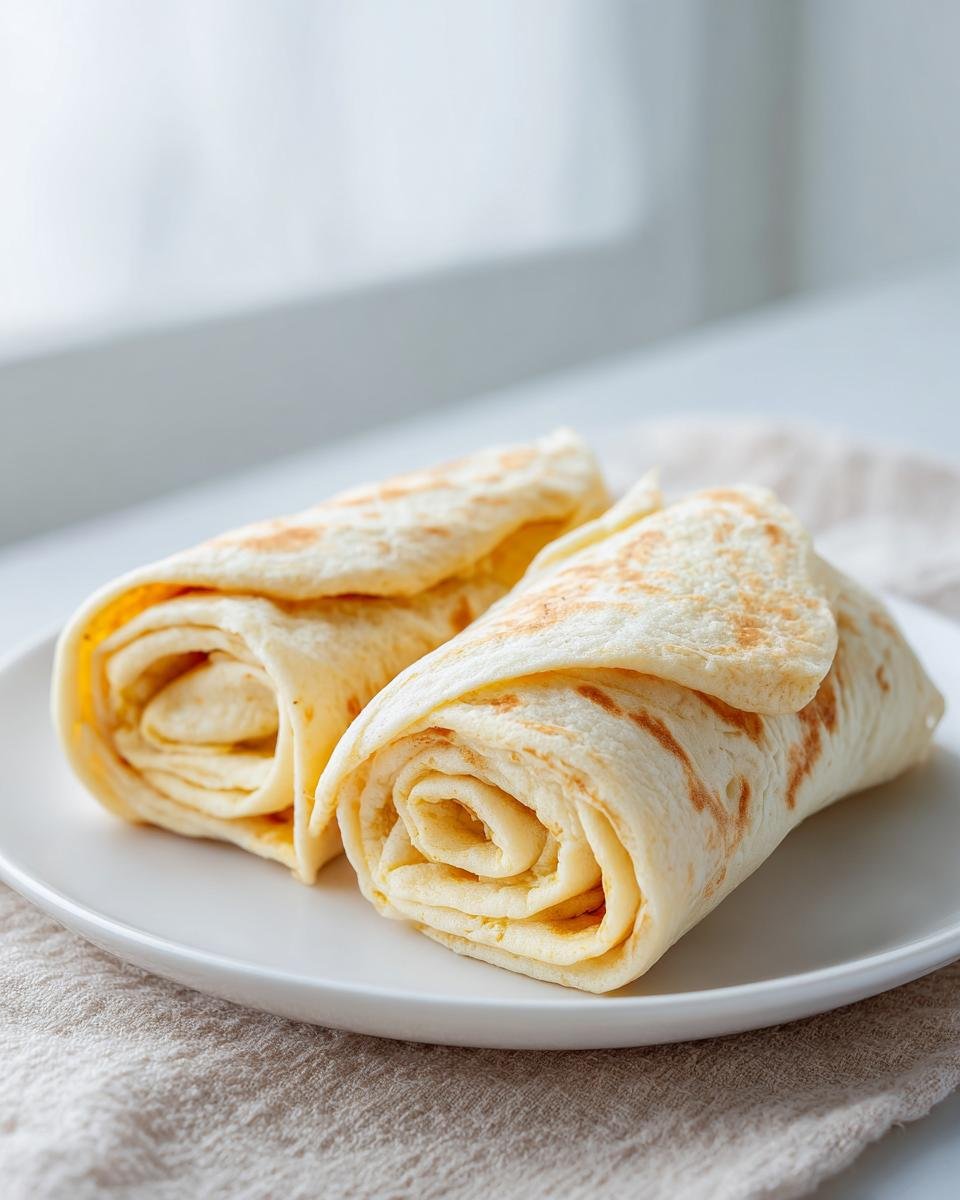 Two rolled Egg White Wraps displayed on a white plate, showing the layered texture of the wrap.