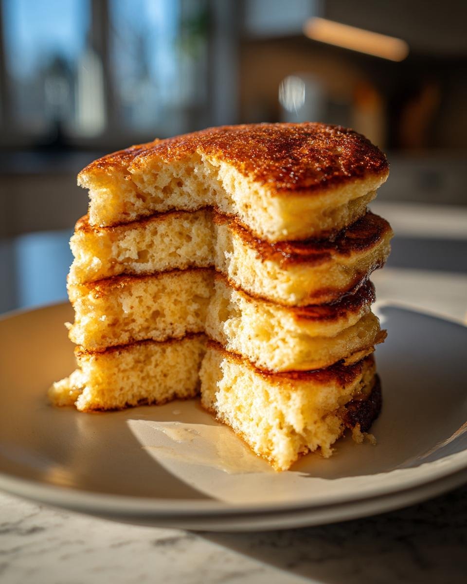 A close-up of a stack of fluffy pancakes from the Ultimate Fluffy Pancake Recipe, with a bite taken out.