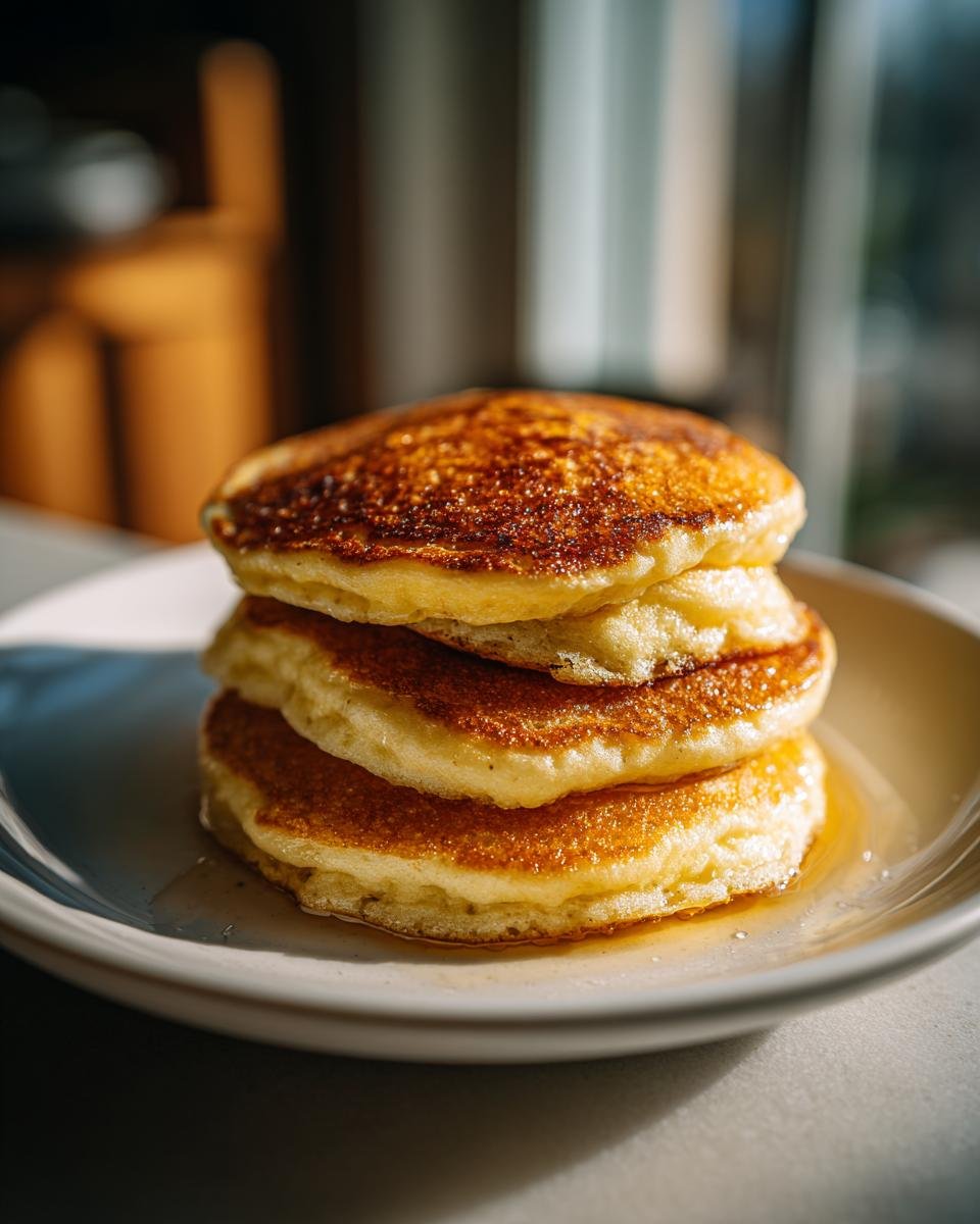 A stack of three golden-brown fluffy pancakes from the Ultimate Fluffy Pancake Recipe, drizzled with syrup.