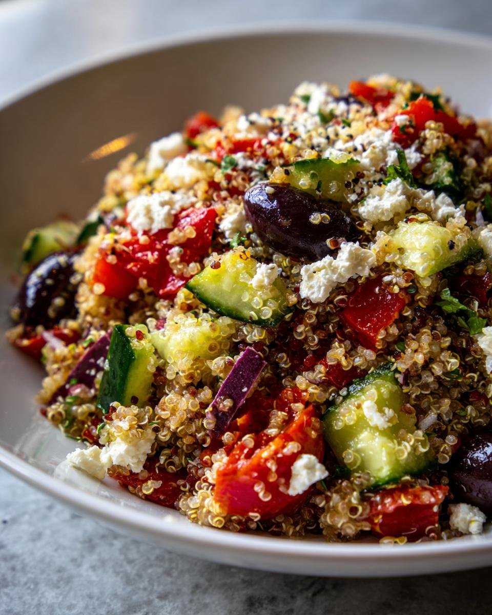 Close-up of a vibrant Mediterranean Bowl featuring quinoa, feta cheese, cucumbers, tomatoes, and Kalamata olives.