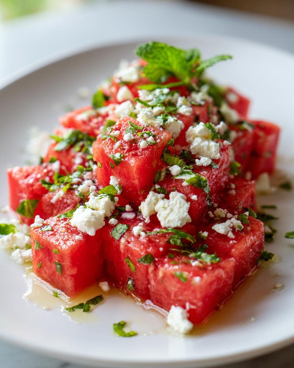 Close-up of vibrant Watermelon Salad cubes topped with crumbled feta cheese and fresh mint leaves.