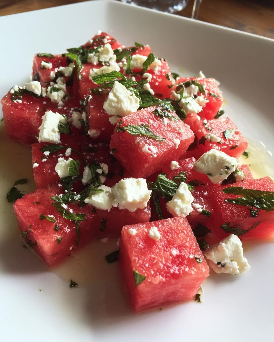 Close-up of cubed watermelon salad topped with crumbled feta cheese and fresh mint leaves.