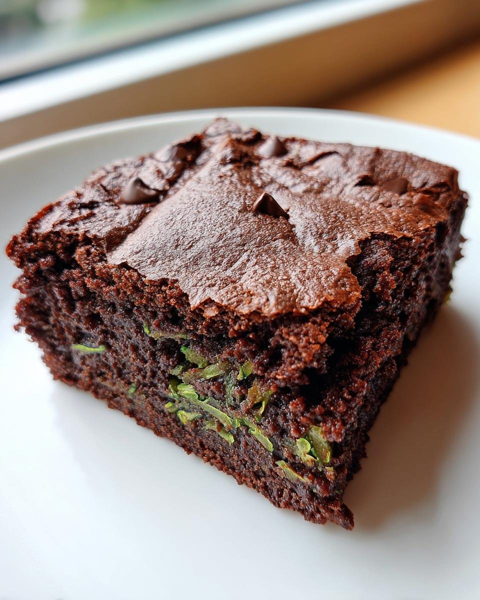 Close-up of a single, rich, dark Zucchini Chocolate Brownies square showing shredded green zucchini baked inside.
