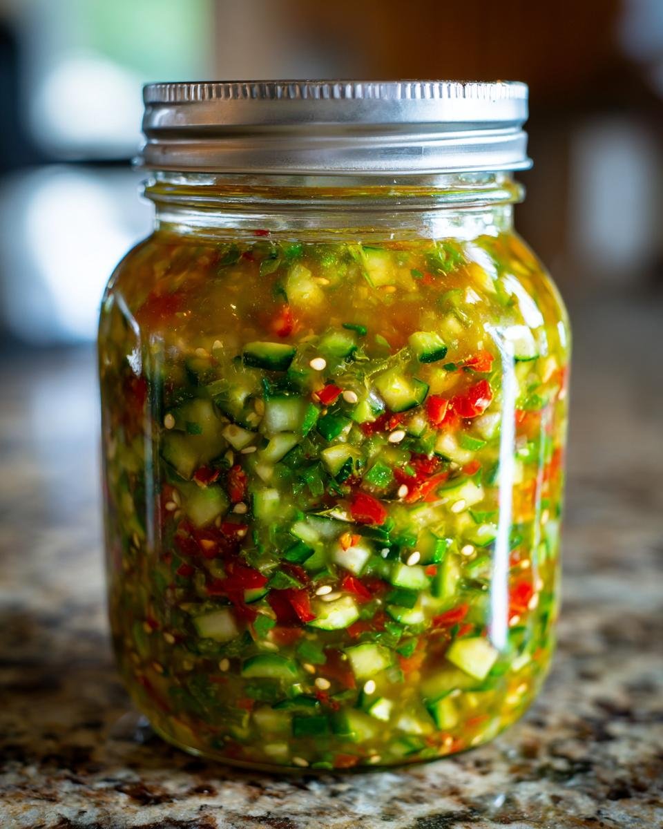 A close-up of a mason jar filled with vibrant zucchini relish, featuring chopped zucchini, red chili peppers, and sesame seeds.