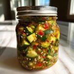 A glass jar filled with homemade zucchini relish, featuring chopped zucchini, red peppers, and spices.