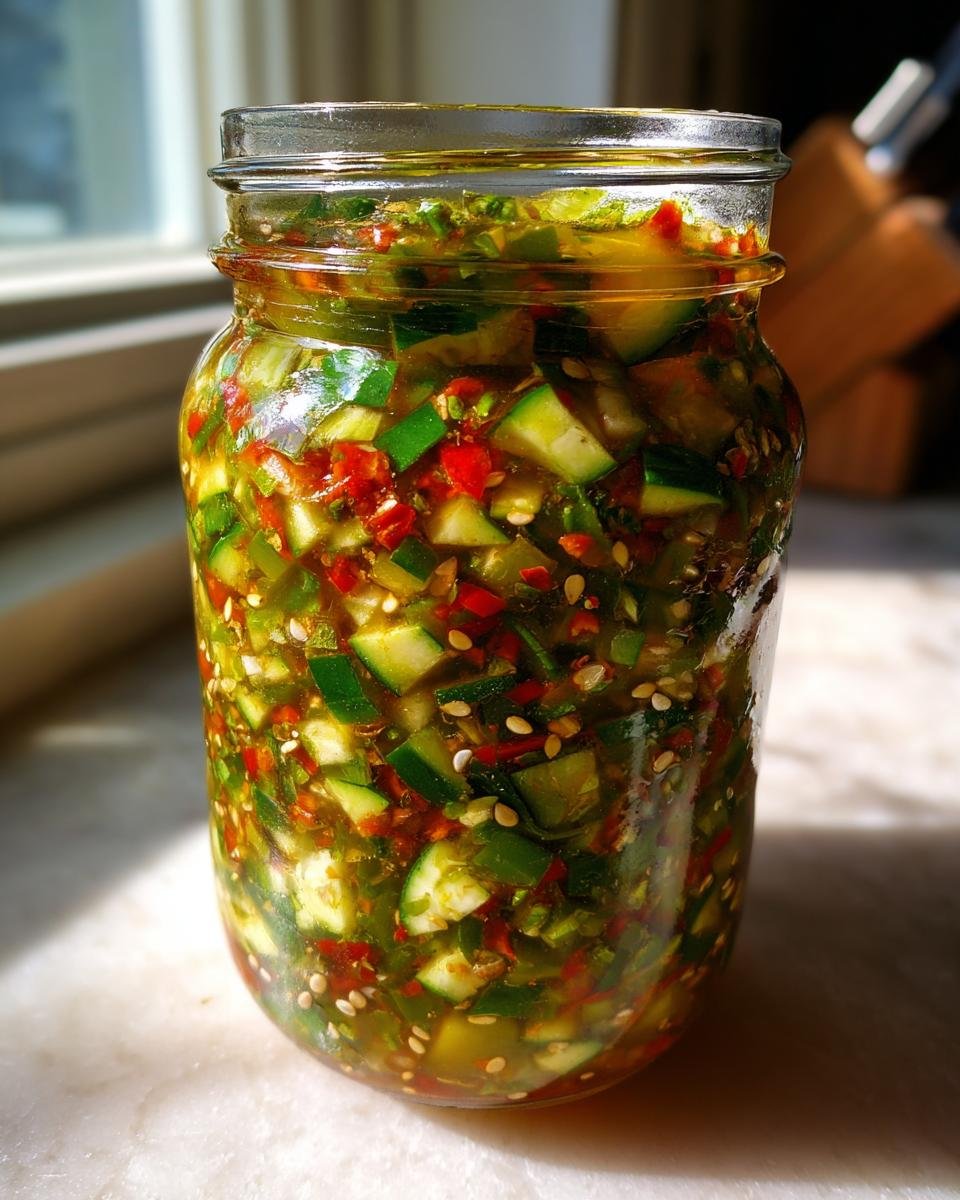 A full jar of homemade Zucchini Relish Recipe For Canning, packed with chopped zucchini, chili peppers, and sesame seeds.