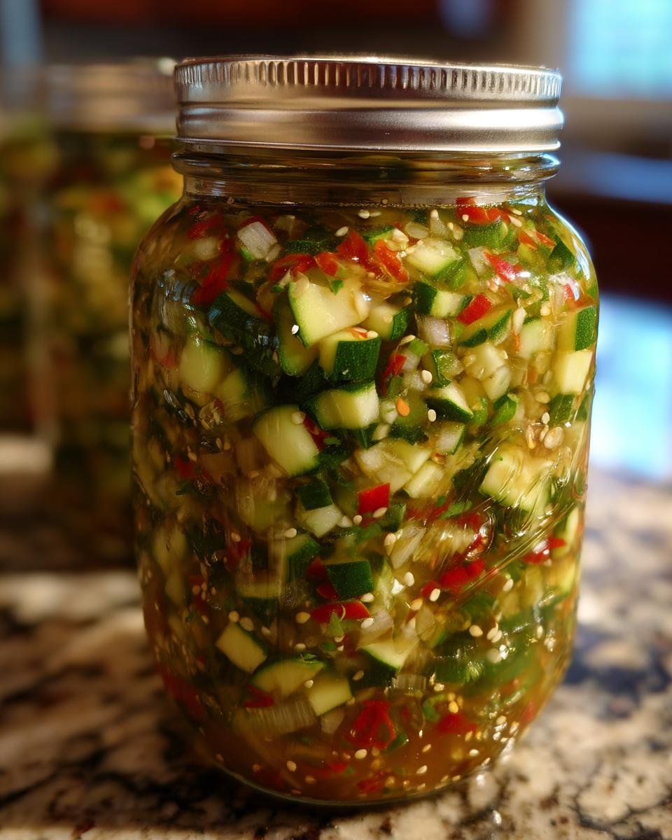 Close-up of a mason jar filled with homemade Zucchini Relish Recipe For Canning, showing diced zucchini, red peppers, and spices.