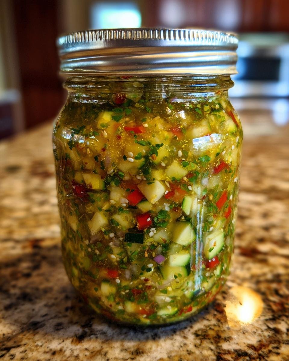 A close-up of a glass jar filled with homemade zucchini relish recipe for canning, showing diced zucchini, red peppers, and herbs.