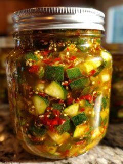 Close-up of a jar filled with homemade zucchini relish, featuring diced zucchini, chili flakes, and seeds.