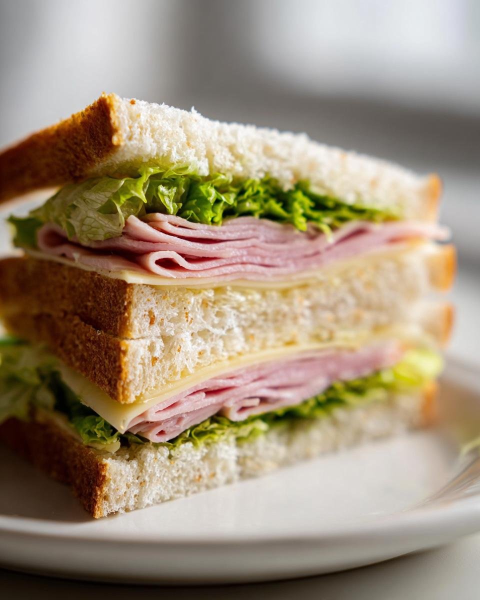 Close-up of a stacked ham and cheese Picnic Sandwiches made with white bread and crisp lettuce.