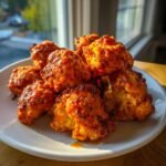 A pile of glossy, orange-coated Air Fryer Buffalo Cauliflower Bites served on a white plate near a window.