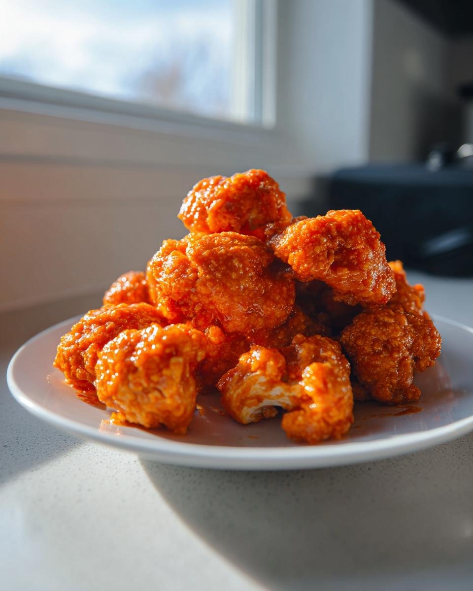 A mound of glossy, bright orange Air Fryer Buffalo Cauliflower Bites piled high on a white plate.