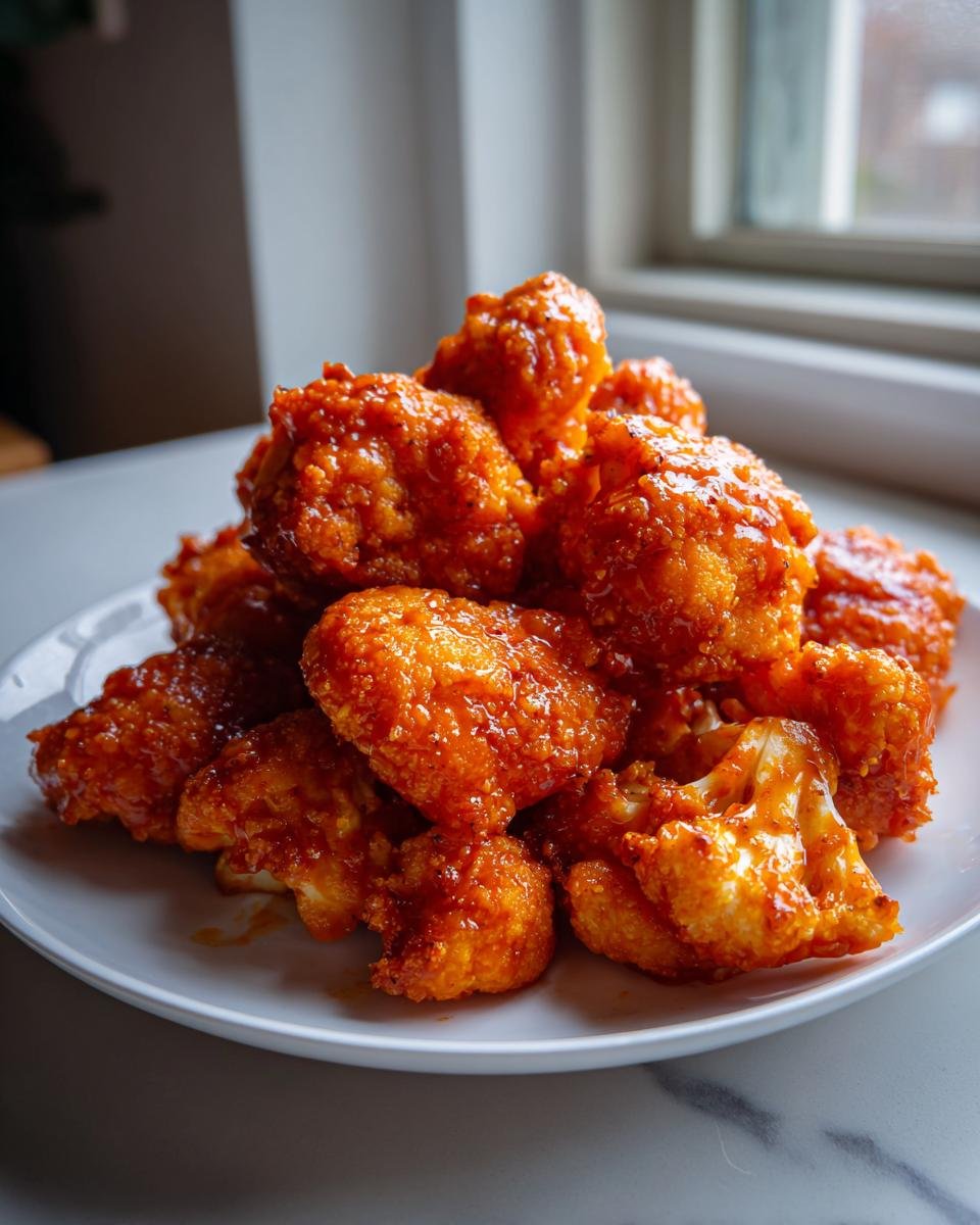A pile of crispy, bright orange, sauce-coated Air Fryer Buffalo Cauliflower Bites stacked on a white plate.