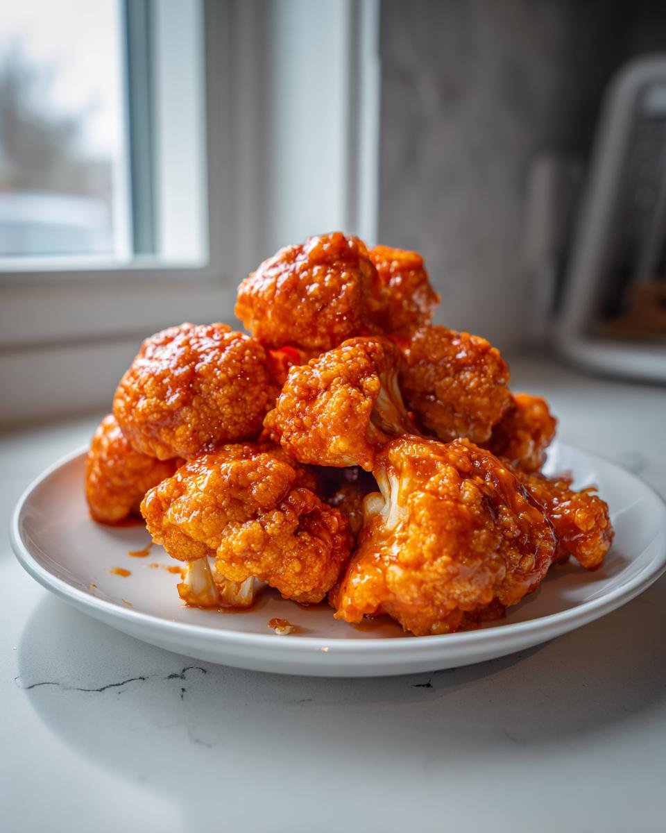 A pile of bright orange, saucy Air Fryer Buffalo Cauliflower Bites stacked on a white plate.