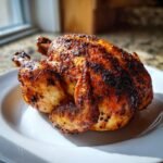 A whole, perfectly cooked Air Fryer Cornish Hen with crispy, dark-brown seasoned skin resting on a white plate.