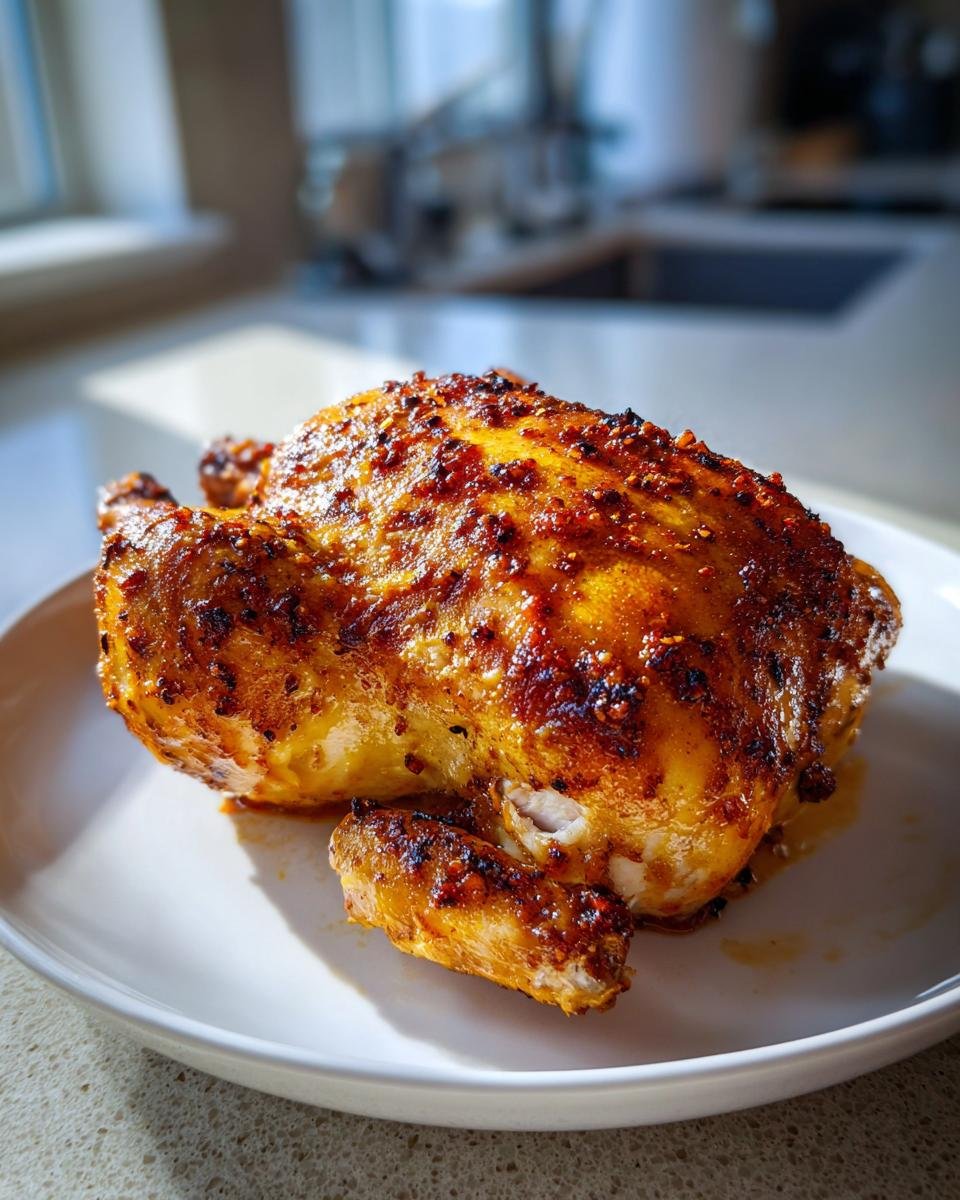 A whole, golden-brown Air Fryer Cornish Hen with a crispy, seasoned skin resting on a white plate.