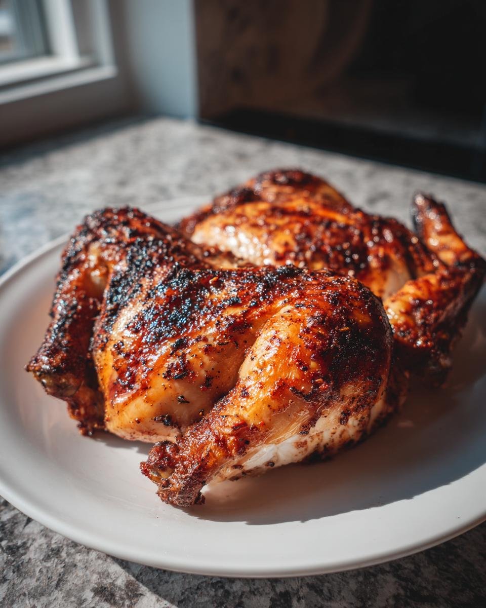 A perfectly cooked Air Fryer Cornish Hen with dark, crispy, seasoned skin resting on a white plate.